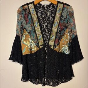 VTG 90s Spencer Alexis Black Lace Patchwork Floral Kimono Cardigan Jacket Size S